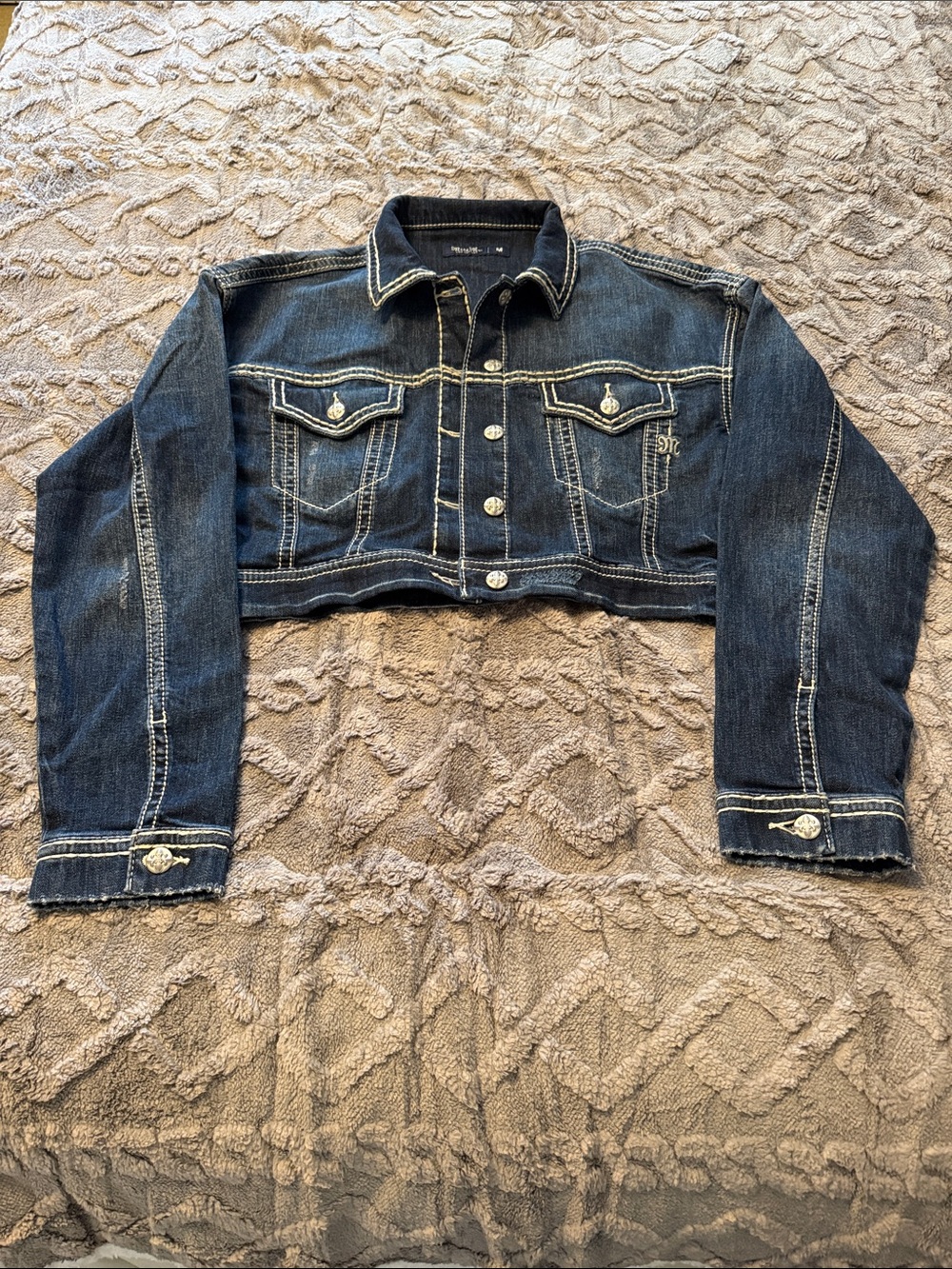 Miss Me Cropped Dark Blue Denim Jacket with Contrast Stitching